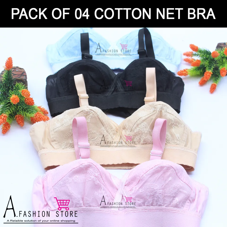 Pack of 4 Multi-Color Cotton Net Bras with 4 Hooks for Women & Girls